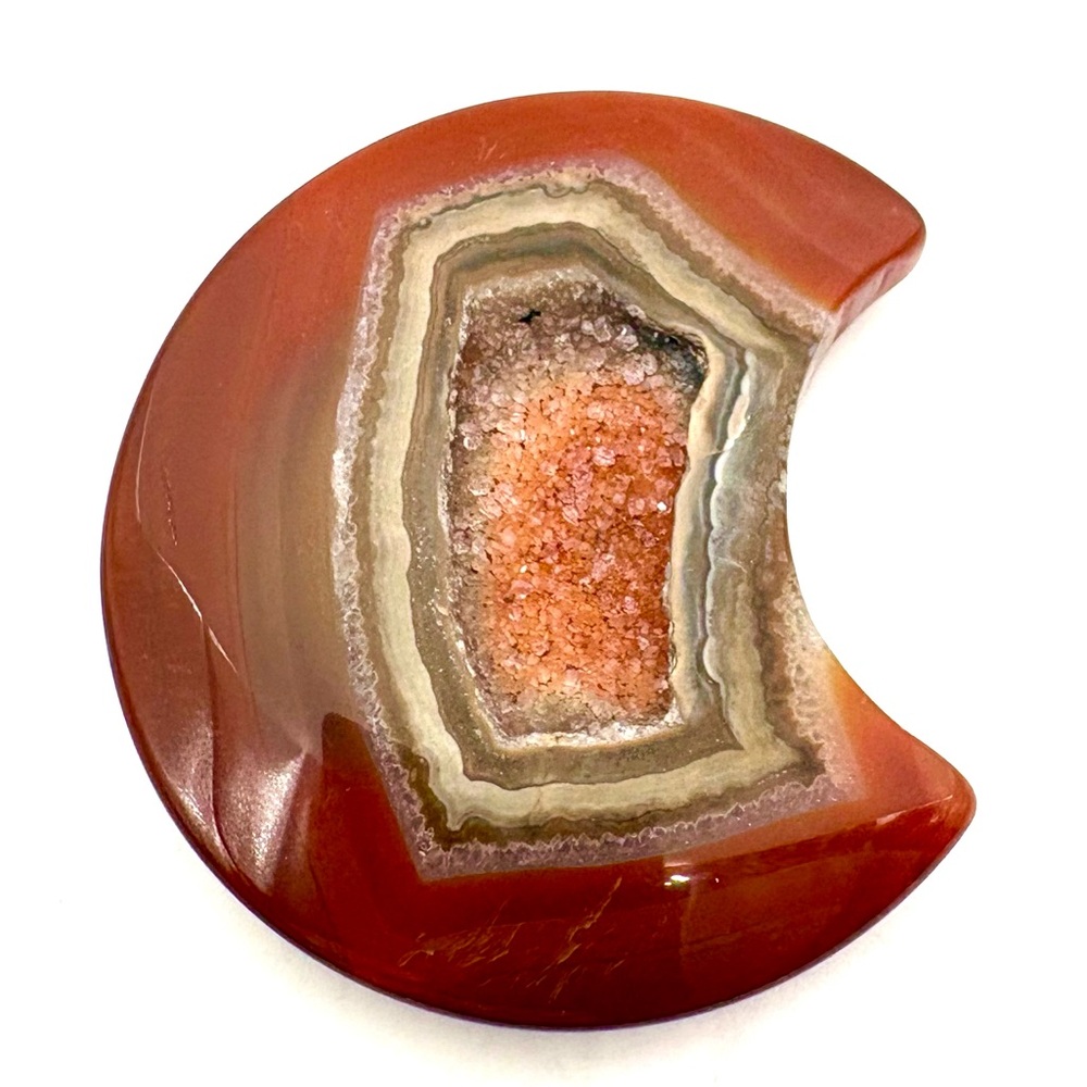 Carnelian Agate Crescent Moon Carving with Central Druzy Quartz Pocket